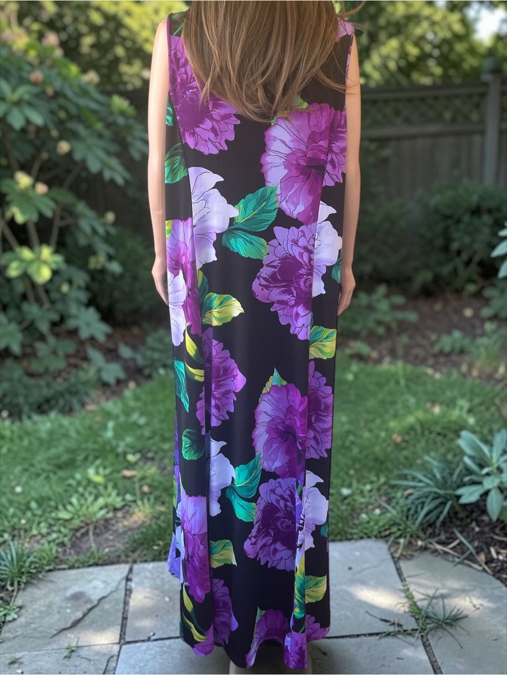 Susan Graver Black Purple Floral Stretch Maxi Tank Dress 2X - Picture 6 of 7